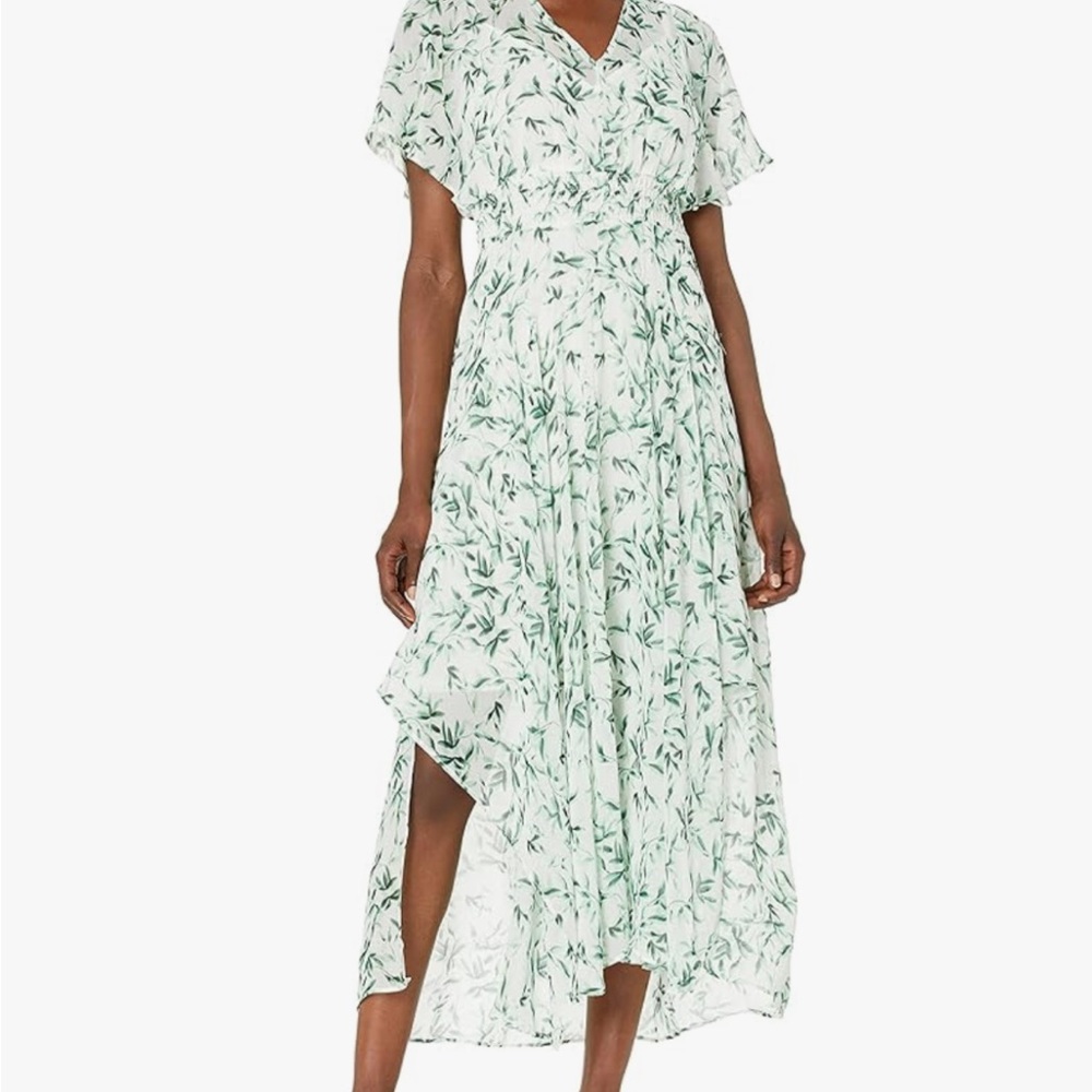 Just Taylor Women's Short Sleeve V-Neck Leaf Print Midi High-Low‎ Chiffon Dress